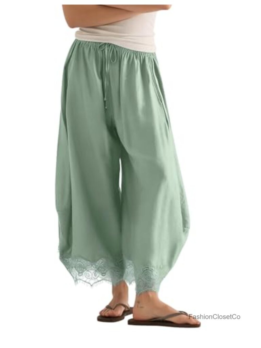 Cropped Wide Leg Lace Hem Pants Drawstring High Rise Rayon Blend